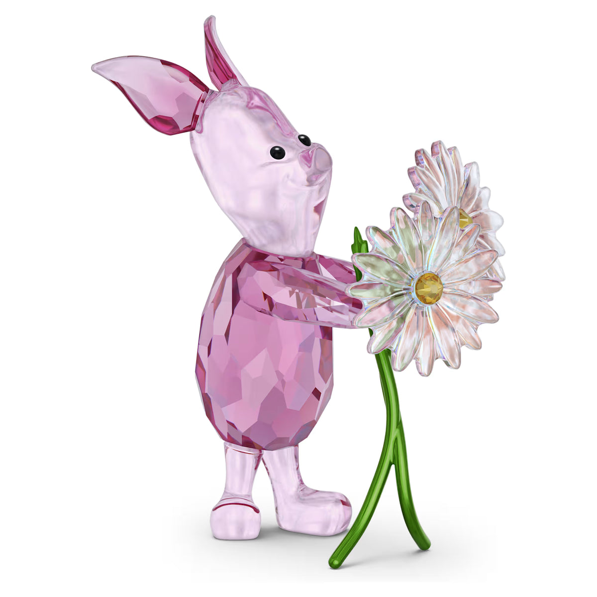 piglet in pink crystal holding daisies on a white background