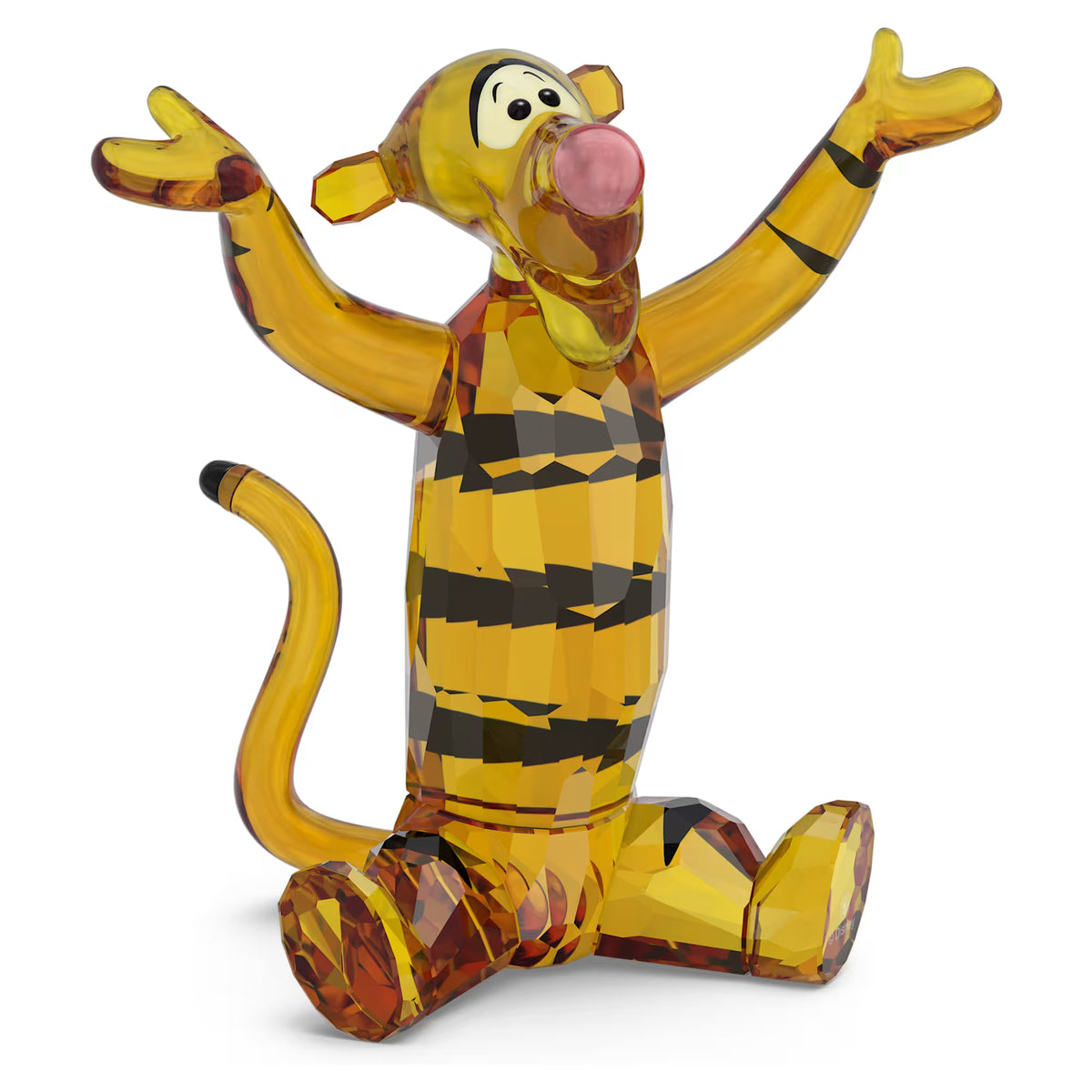 Tigger sitting down with his arms up on a white background