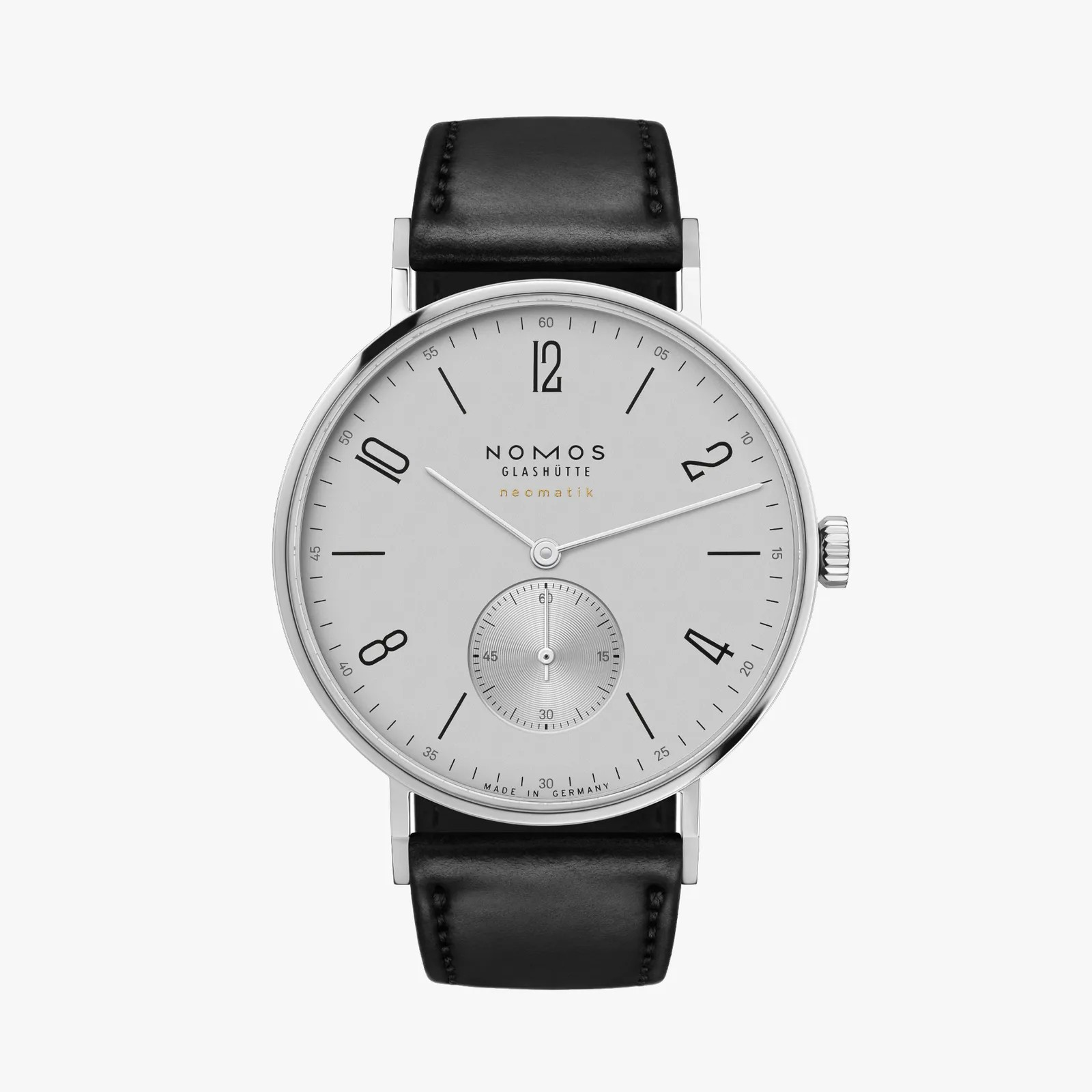 Nomos watch with black leather strap on a white background
