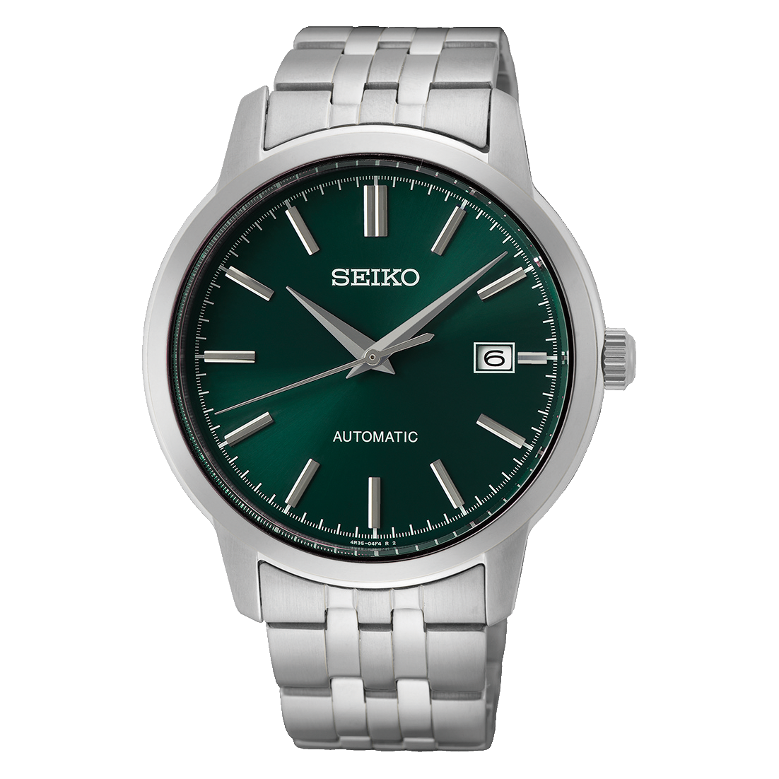 Seiko watch with green dial and silver metal bracelet on a white background
