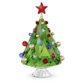 Front of Holiday Cheers Christmas Tree crystal: green faceted cone with red star topper, colored baubles on clear pedestal
