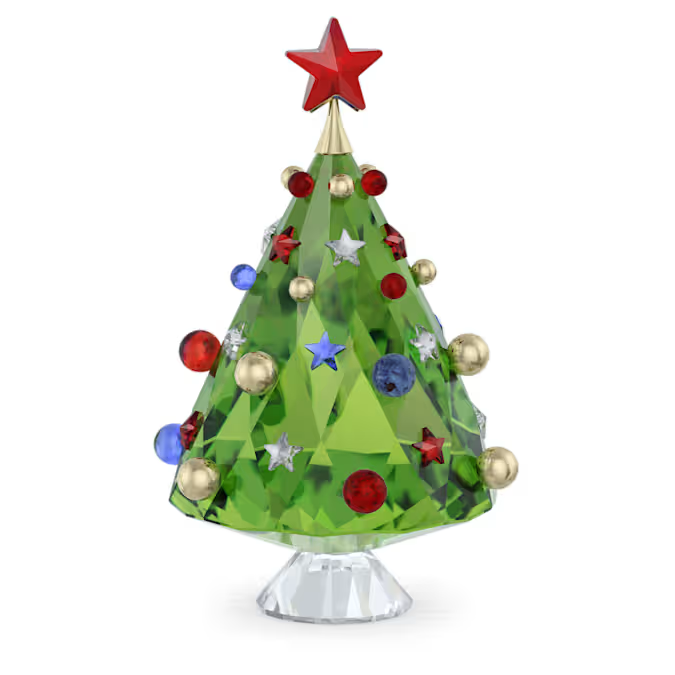 Front of Holiday Cheers Christmas Tree crystal: green faceted cone with red star topper, colored baubles on clear pedestal