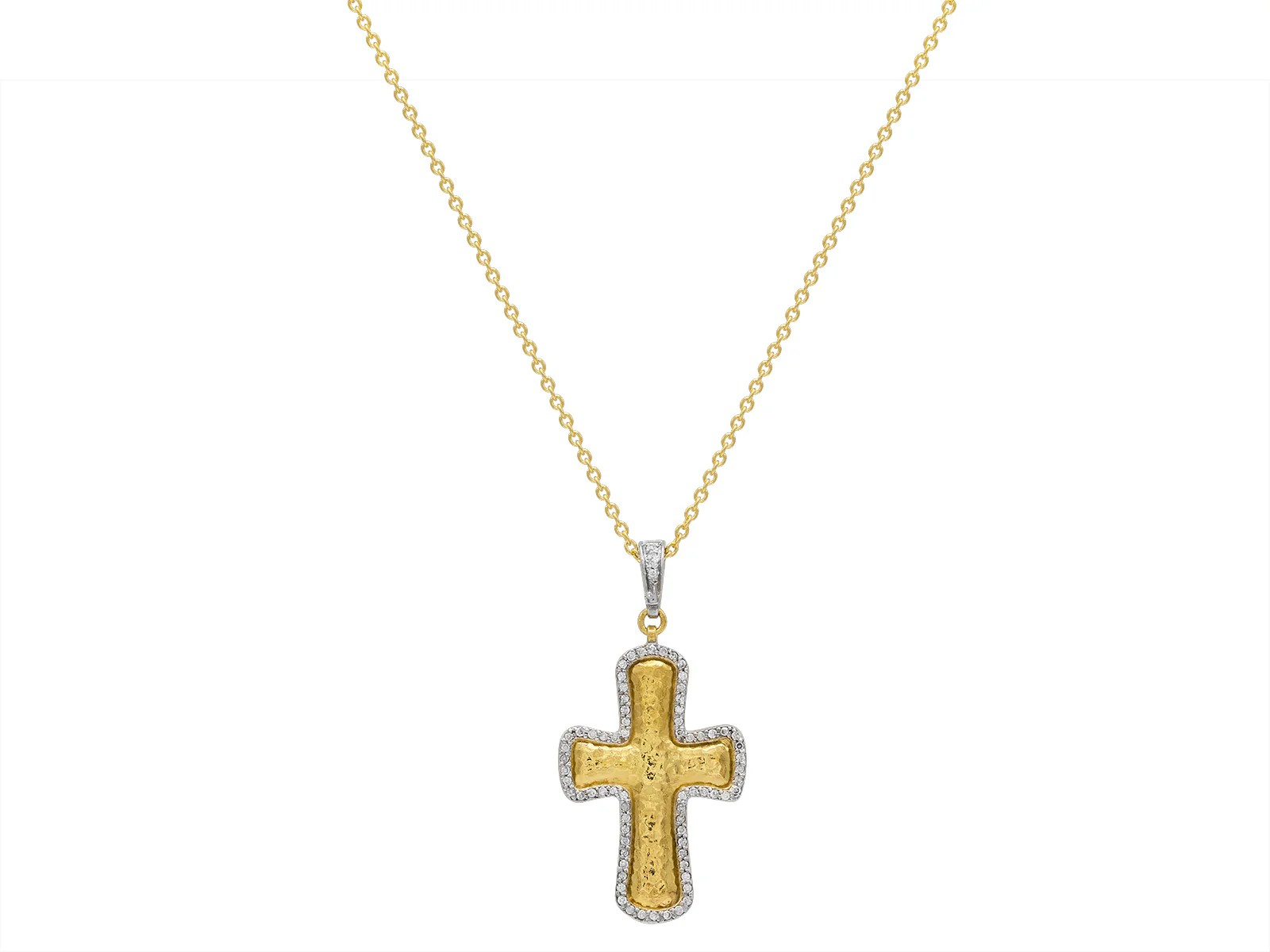 GURHAN Cross Gold Pendant Necklace, 45x22mm, White Gold Pave Frame, Diamond