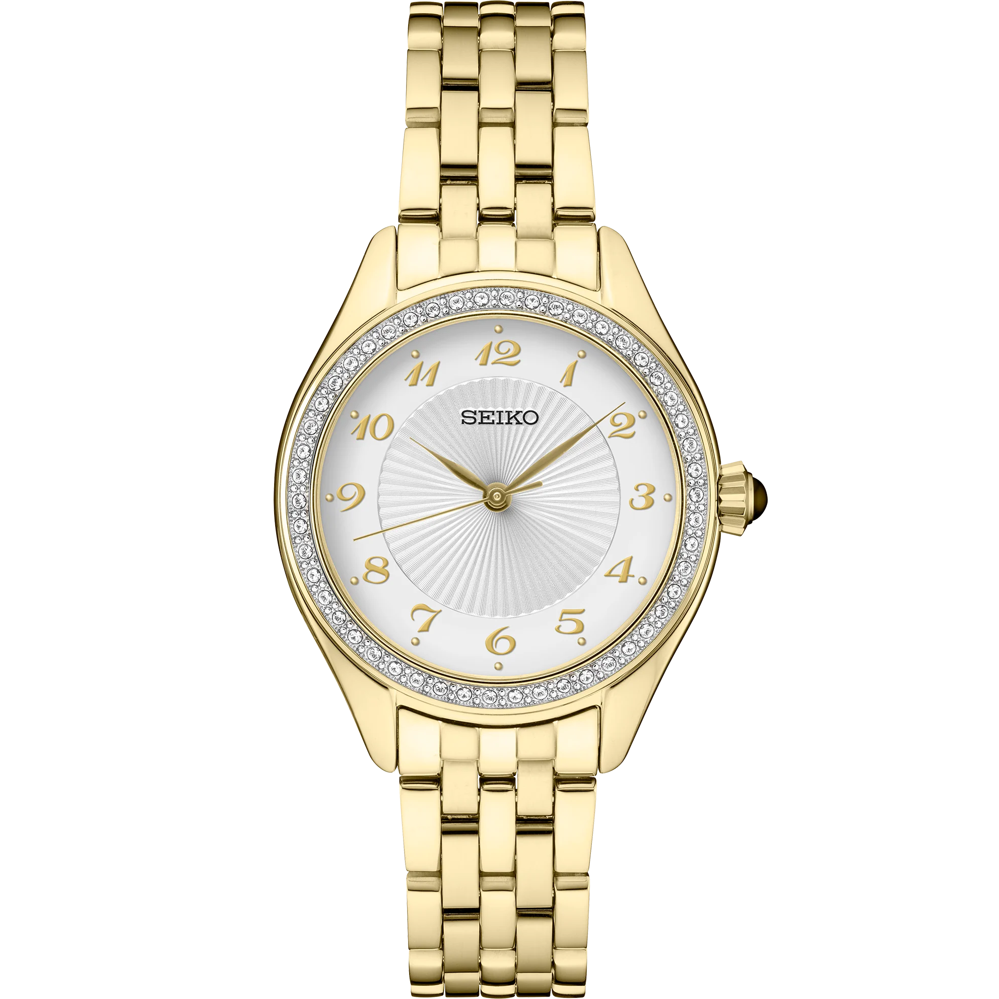 Gold tone Seiko watch with a white dial and crystals around the bezel on a white background