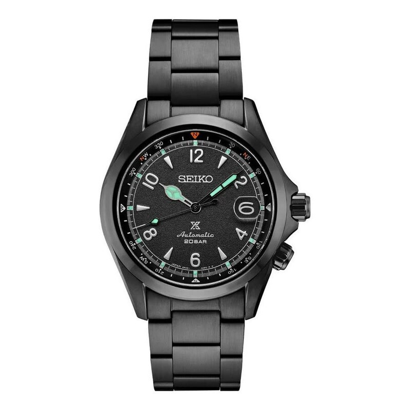 Black Seiko watch with a detailed face on a white background