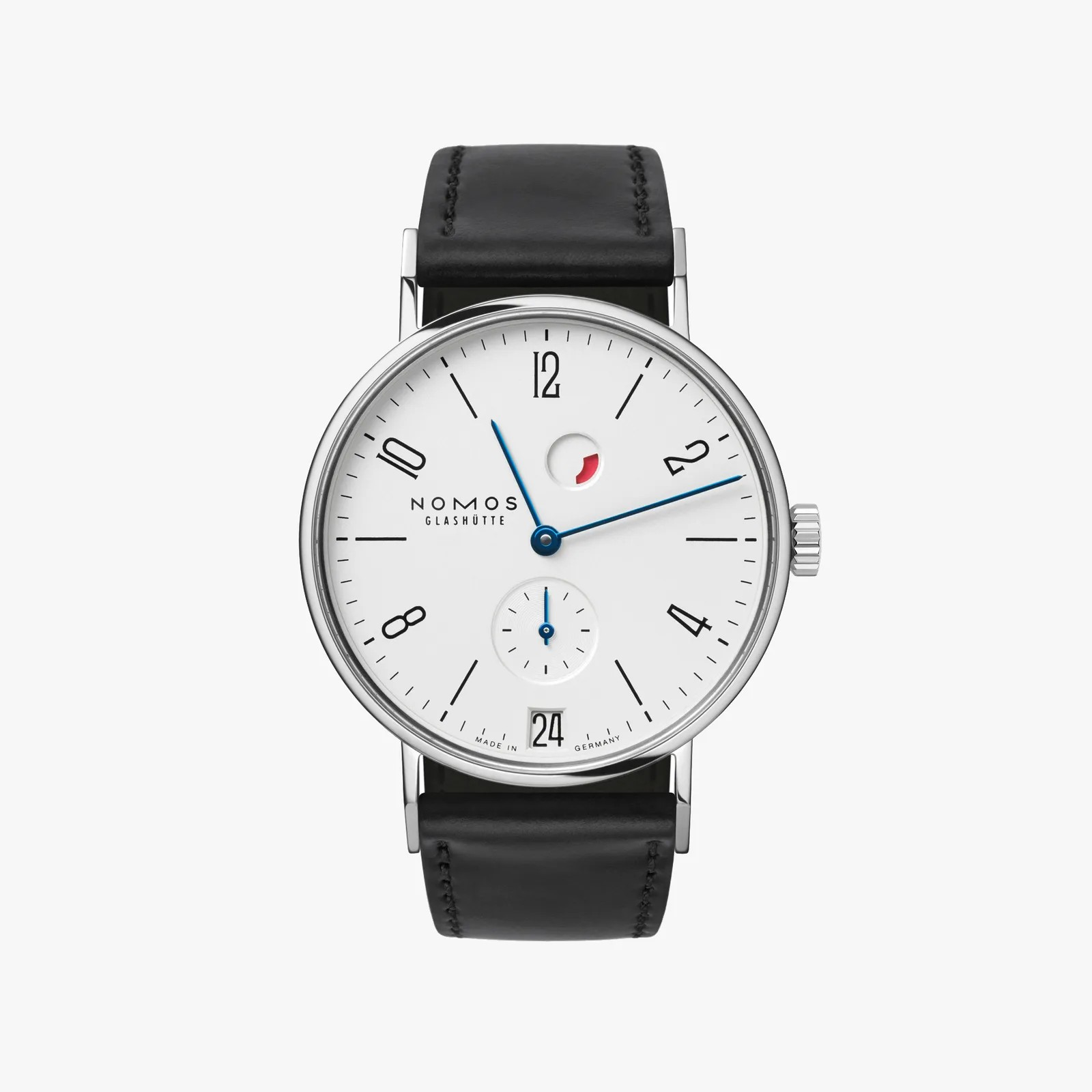 A Nomos Eliaßelter wristwatch with a white dial, silver-tone case, and black leather strap, shown against a light gray background.