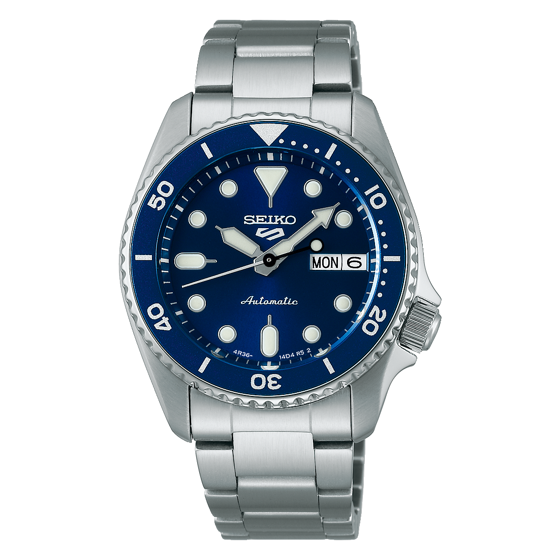 Seiko watch with blue dial and silver metal strap on a white background