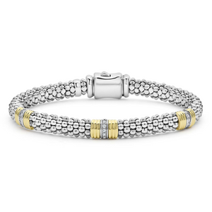 Top view of Triple Diamond Station Caviar Bracelet (6mm) showing three 18K-gold diamond stations and sterling silver caviar beading on white background
