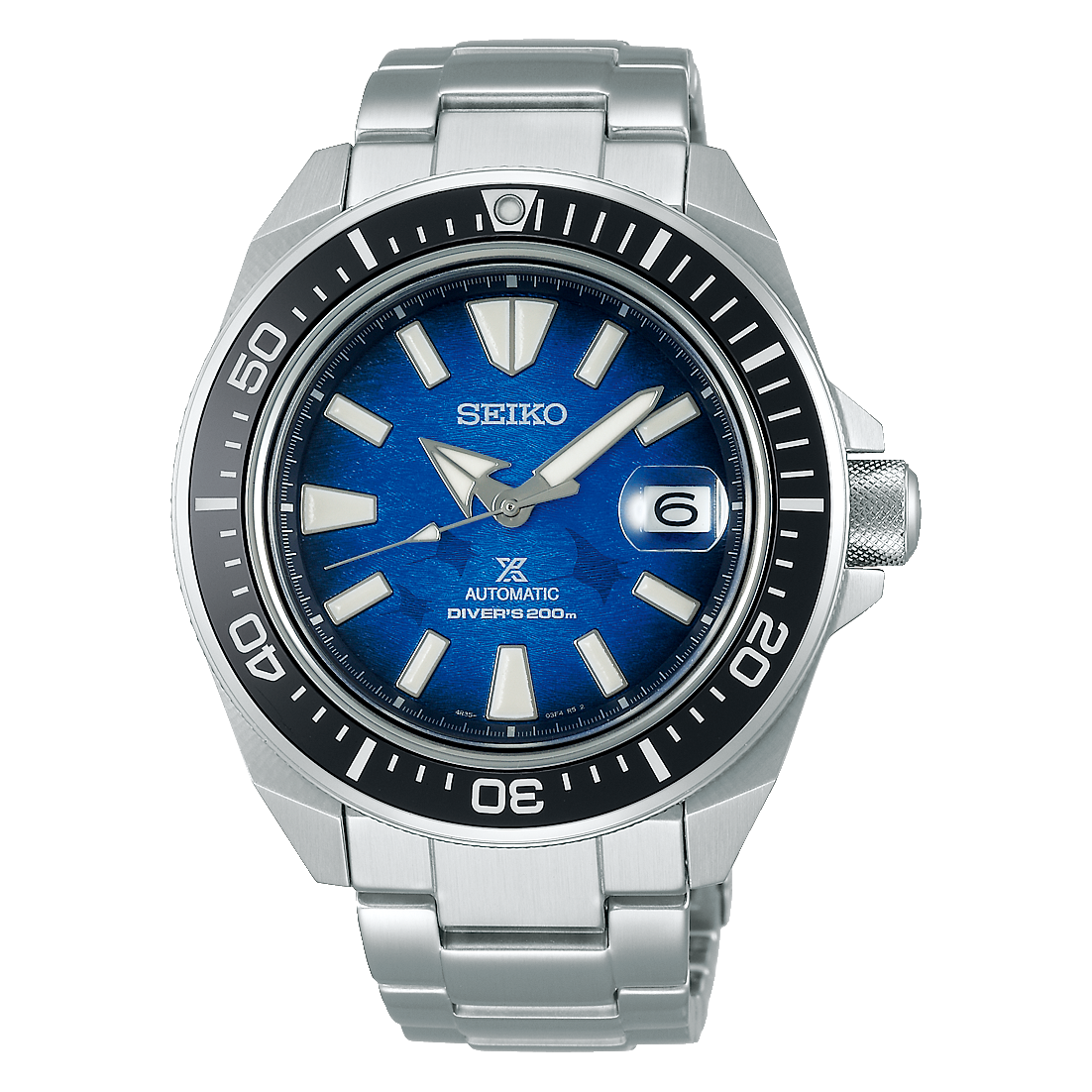 Seiko watch with blue face and silver metal strap on black background