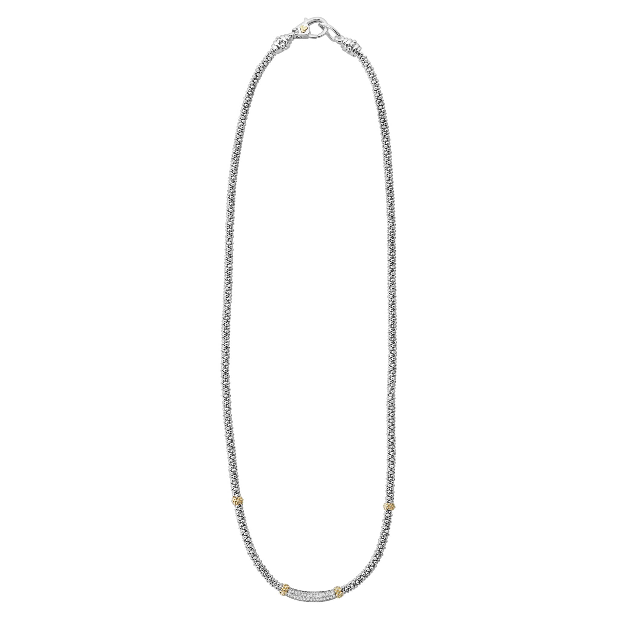 Front view of Caviar 3mm sterling silver necklace showcasing pave diamond station and 18K gold accents on white background