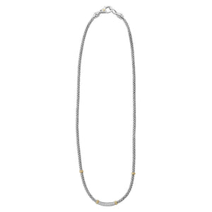 Front view of Caviar 3mm sterling silver necklace showcasing pave diamond station and 18K gold accents on white background
