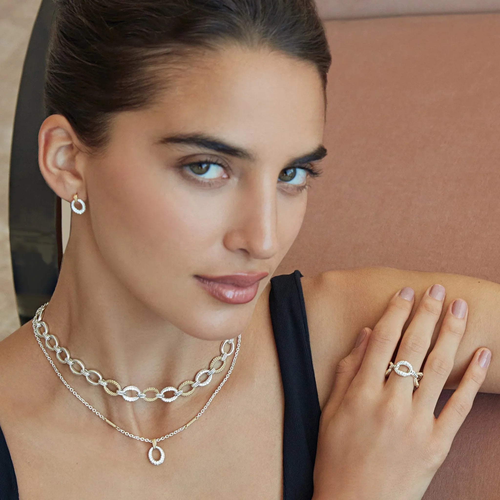 Two-Tone Oval Diamond Pendant Necklace