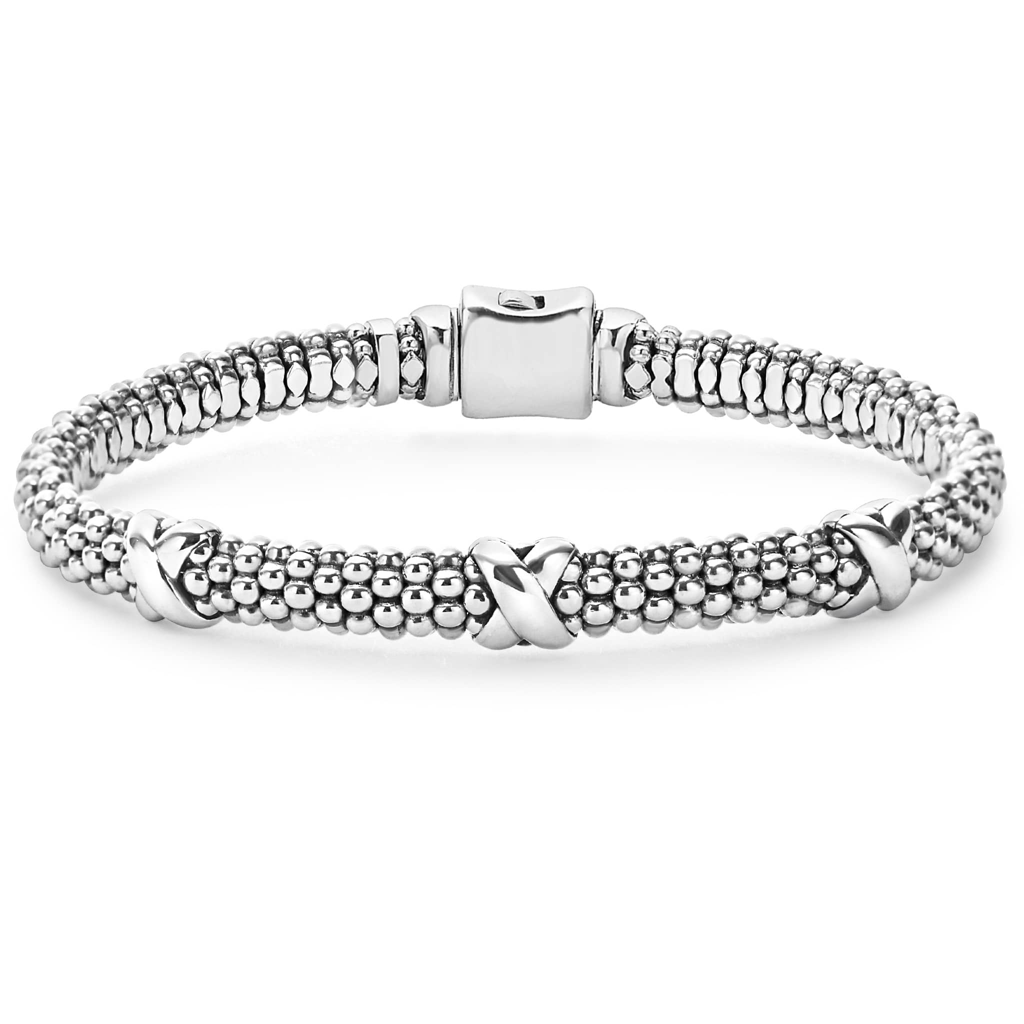 Front view of Three Station X Caviar 6mm bracelet showcasing sterling silver caviar beading and three polished X stations on white background