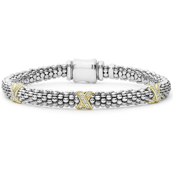 Three Station Gold X Diamond Caviar Bracelet | 6mm