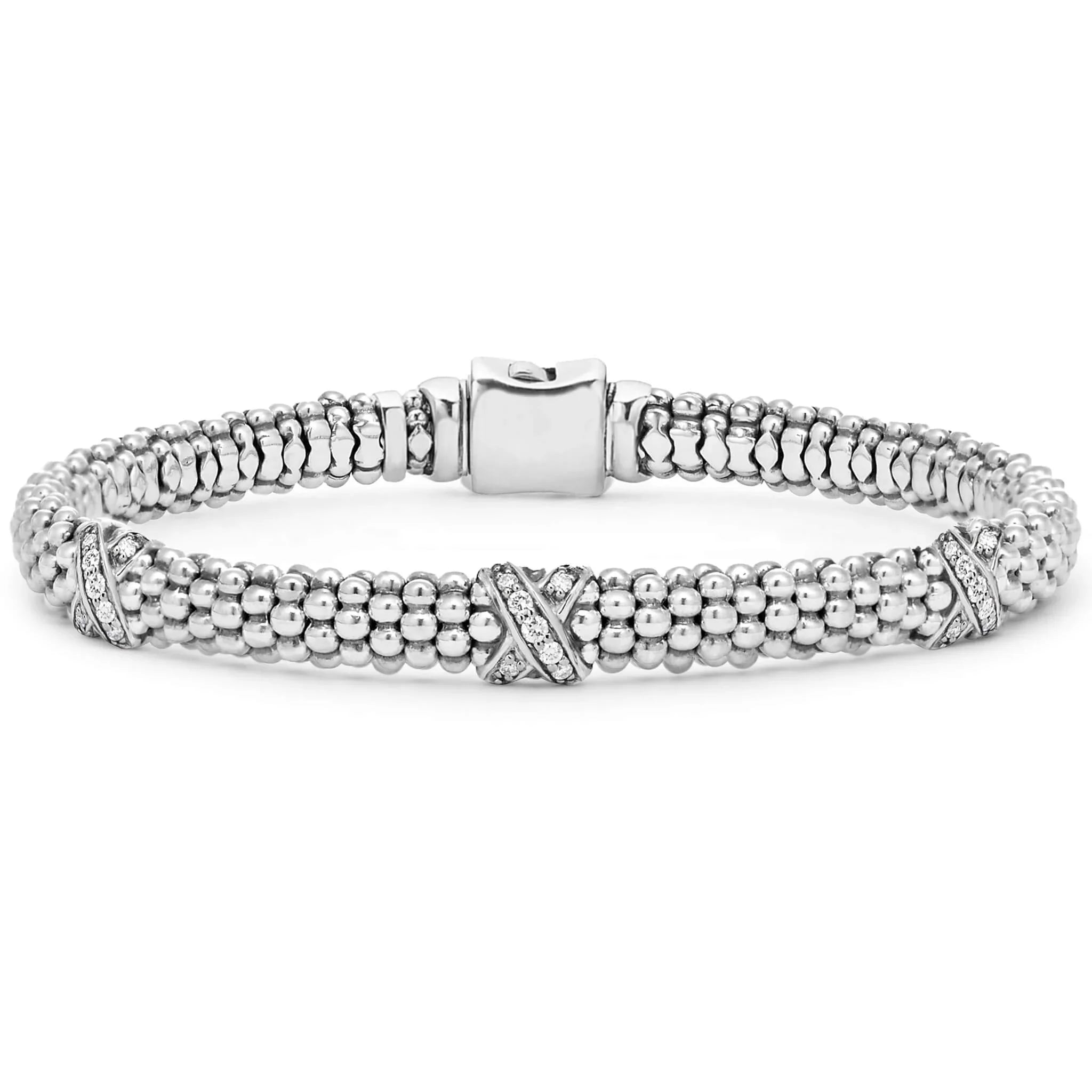 Three Station Silver X Diamond Bracelet | 6mm