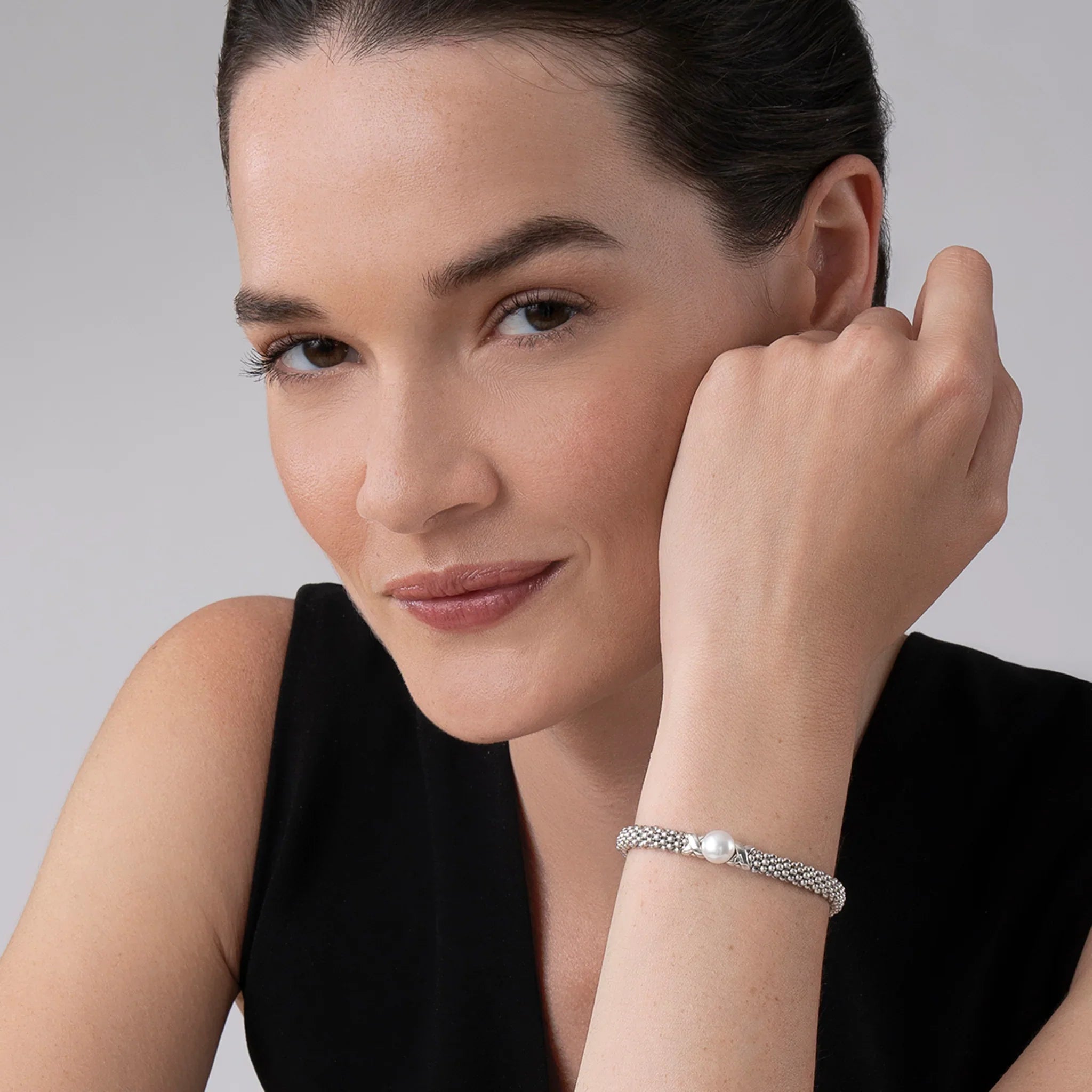Silver X Pearl Caviar Bracelet | 6mm