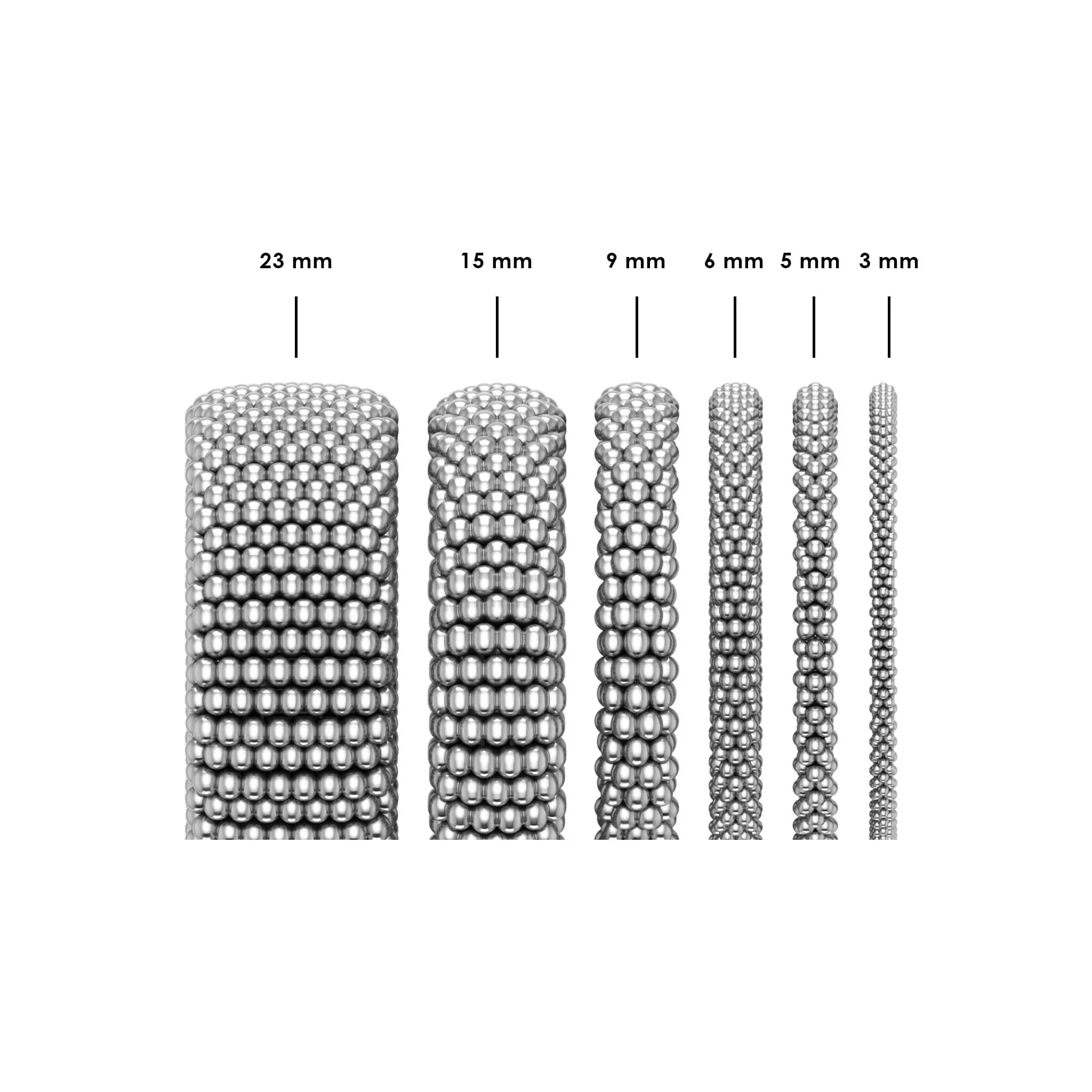 Diagram comparing caviar bead columns labeled 23 mm, 15 mm, 9 mm, 6 mm, 5 mm, 3 mm