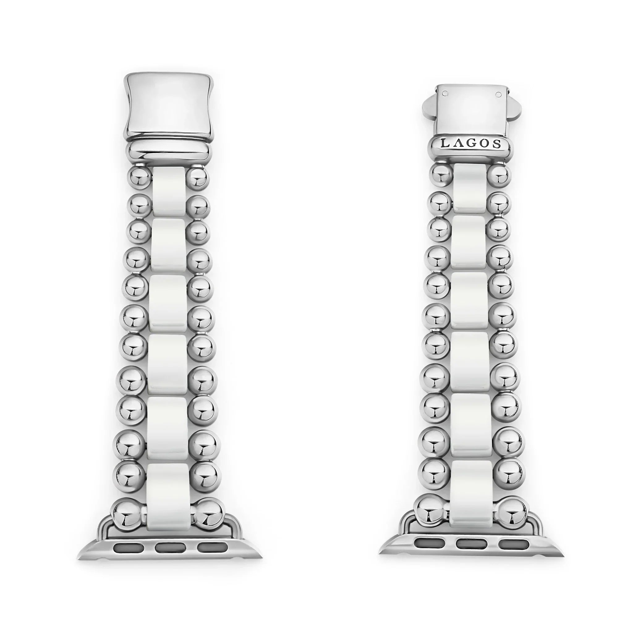 Front and back views of white ceramic and stainless steel Apple Watch bracelet for 38–45mm on white background