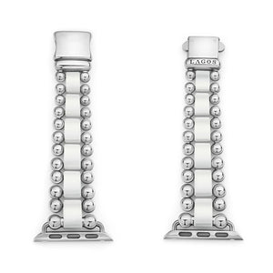 Front and back views of white ceramic and stainless steel Apple Watch bracelet for 38–45mm on white background