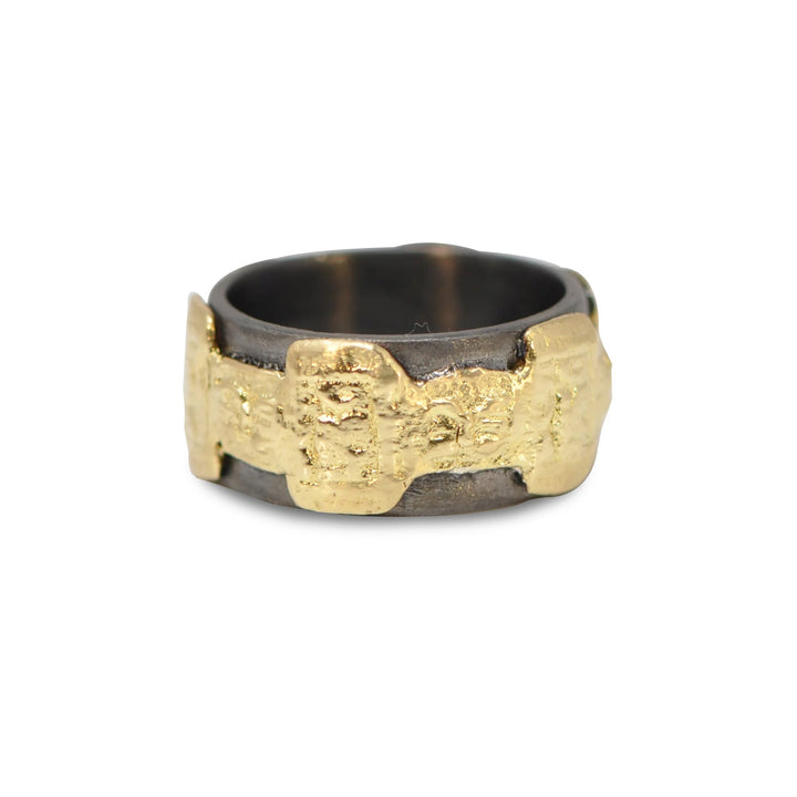 18k yellow gold and grey sterling silver artifact ring.