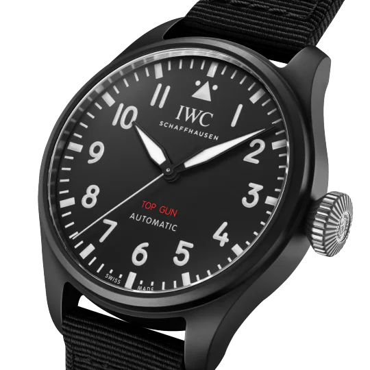 Angled view of Big Pilot's Watch 43, black ceramic case, black dial with white numerals, red TOP GUN text, black fabric strap