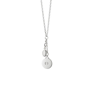 Front view, 34-inch large-link sterling silver charm necklace with round footprint disc and oval charm on white background