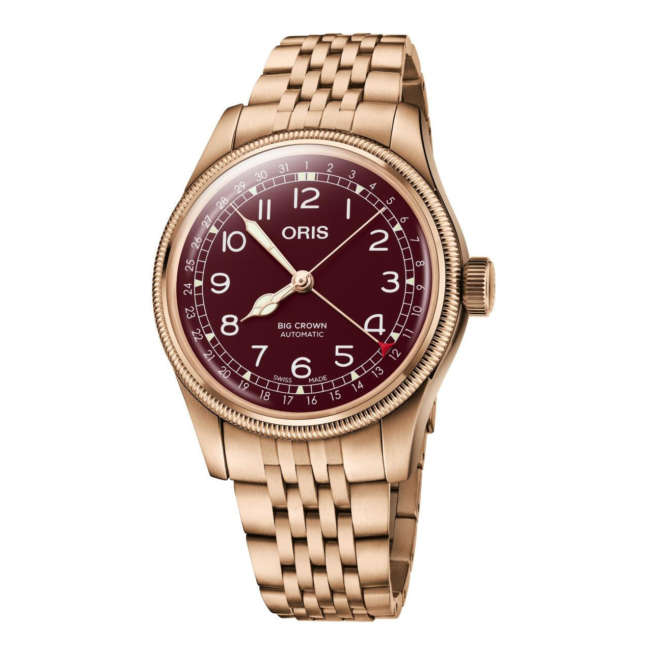 Front view of ORIS Big Crown Bronze Pointer Date 40mm watch with bronze case and bracelet, burgundy dial and oversized crown