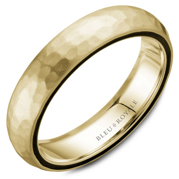 14K Yellow Gold Hammered Band with Black Carbon Accents