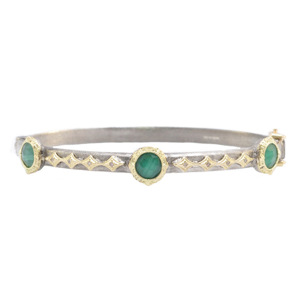 Oval Hinged Huggie Bracelet with Emerald, Pearl and Diamonds