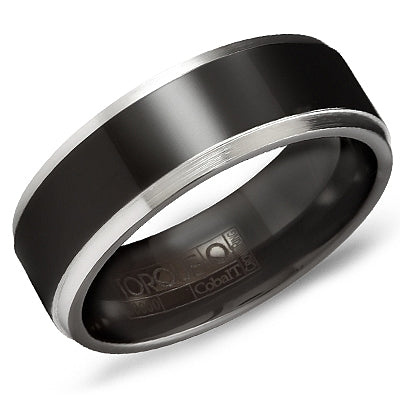 Angled view of 7mm black cobalt ring showcasing polished black center and brushed white cobalt edges on white background