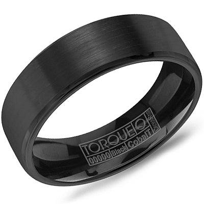 Angled view of black cobalt torque ring showcasing brushed finish and polished interior on white background