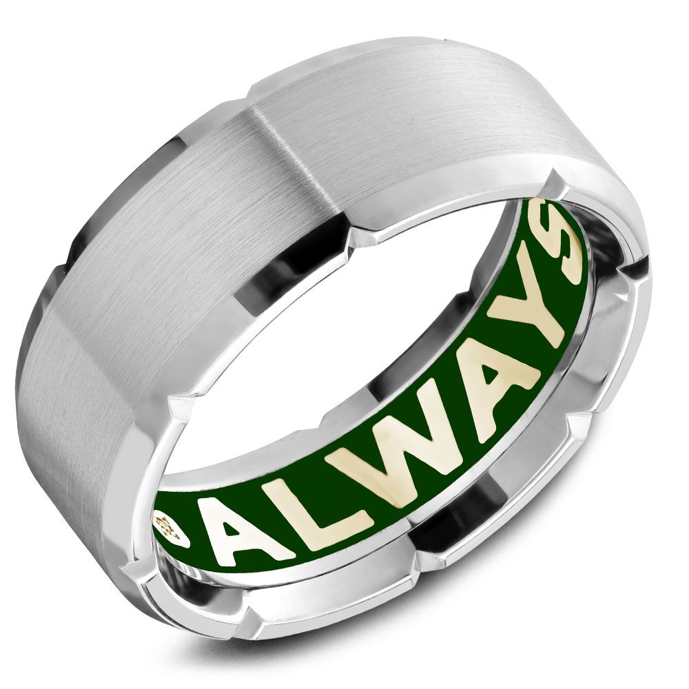 Angled view of 14K white gold band with brushed finish, beveled notches and green enamel interior reading ALWAYS