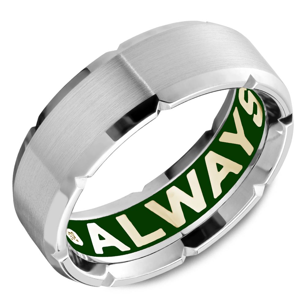 Brushed silver men's ring with green inner band engraved 'ALWAYS'