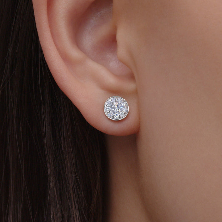 Sunburst Round Diamond Stud Earrings with a Milgrain Edge