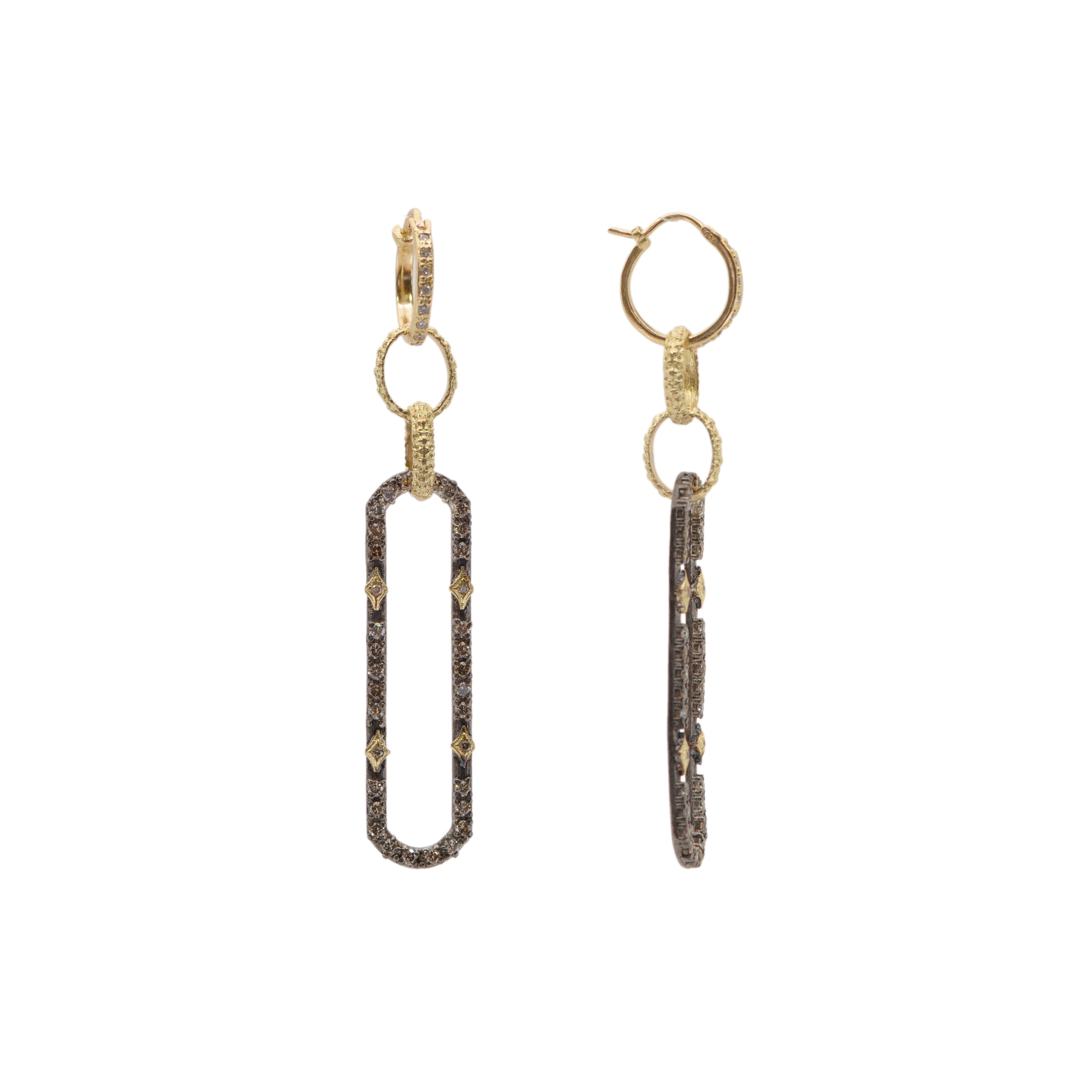Front and side view of Diamond Pave Paperclip Drop Earrings in 18k yellow gold and sterling silver with mixed diamonds
