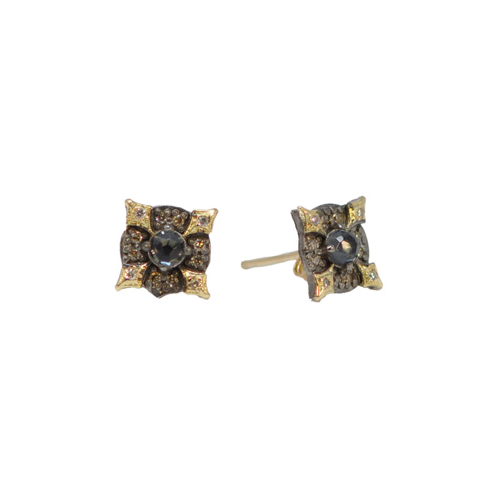Pave Stud Earrings with Diamonds, Hematite/White Quartz Center