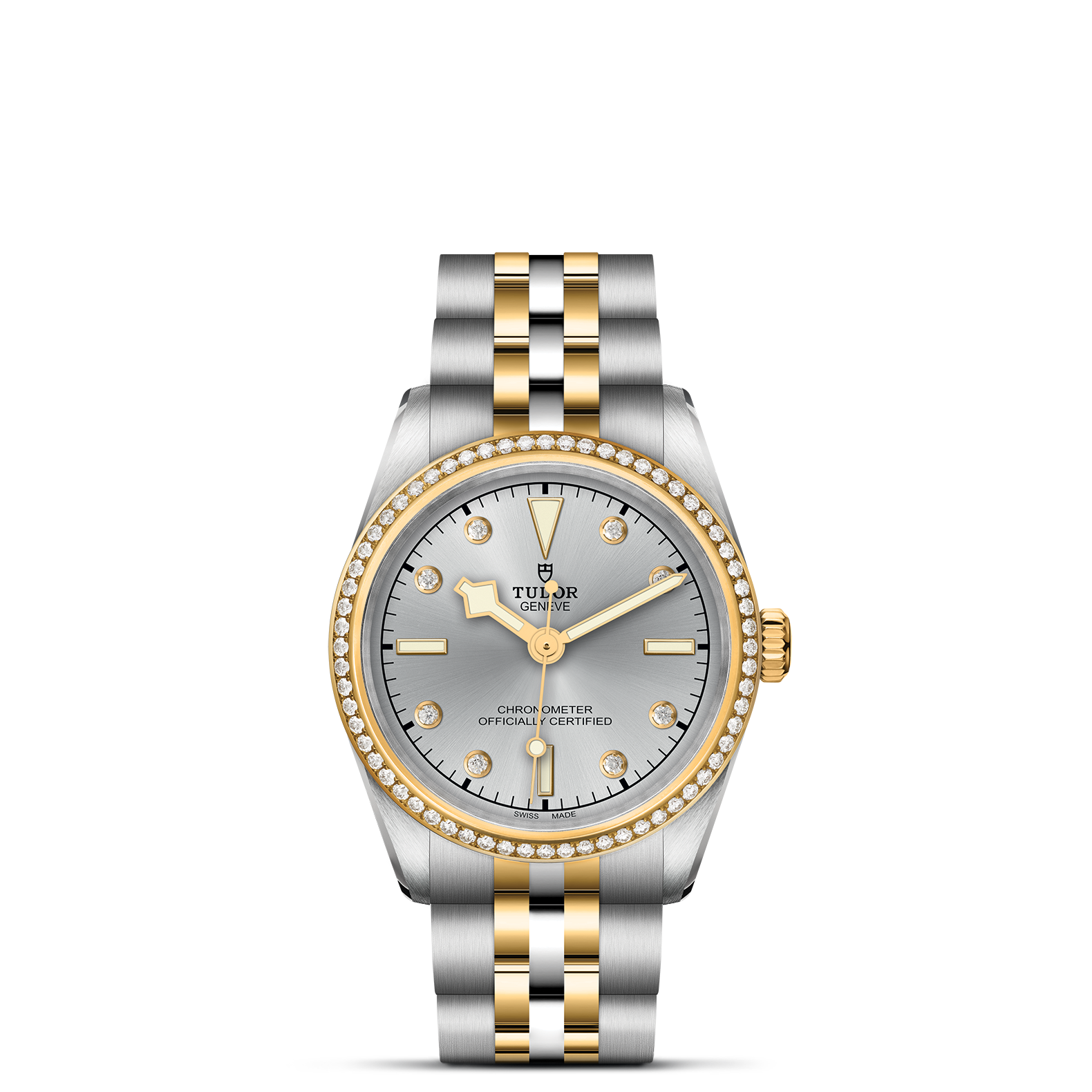 Front view of TUDOR Black Bay S and G 31mm watch with two-tone steel and yellow gold bracelet and diamond-set bezel