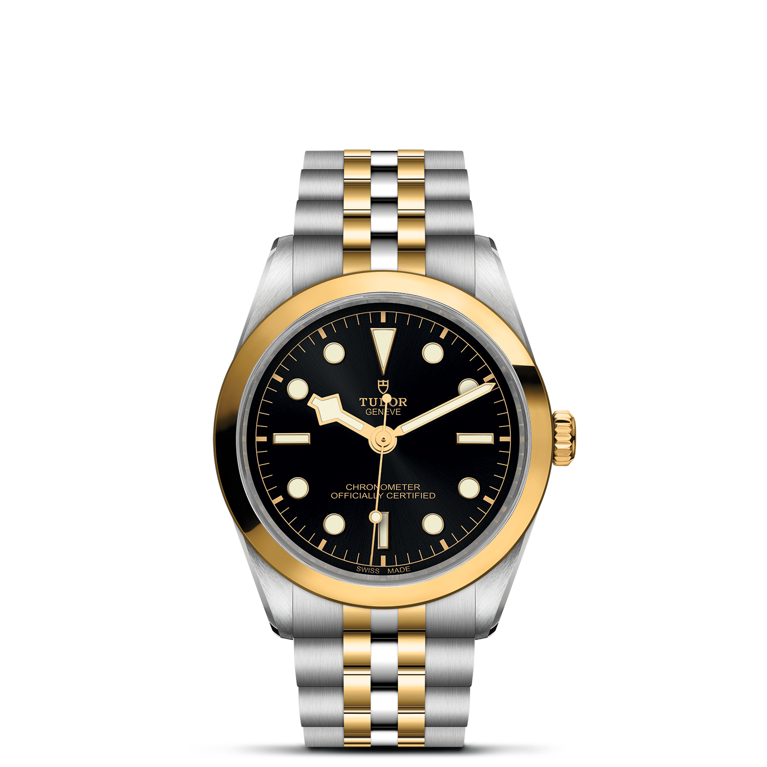 Front view of TUDOR Black Bay S&G 36mm watch with black dial, yellow-gold bezel and two-tone steel and gold bracelet