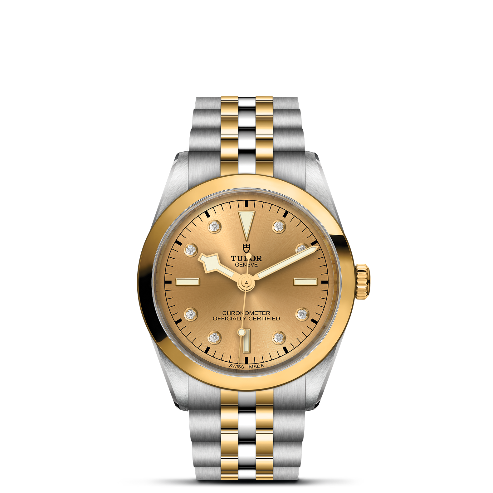 Front view of TUDOR Black Bay S and G 36 mm, champagne dial with diamond markers and two-tone steel and yellow gold bracelet
