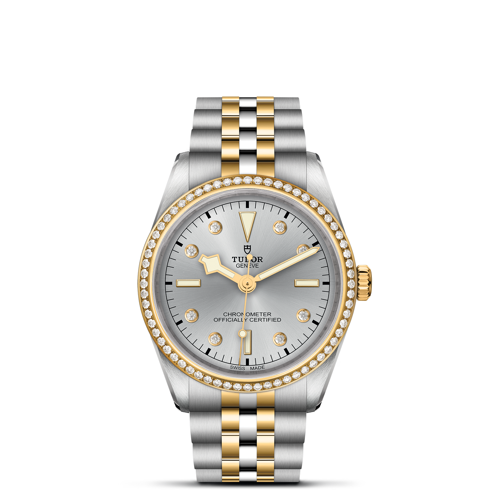 Front view of TUDOR Black Bay S&G 36mm two-tone watch showing silver dial, diamond bezel, and steel-and-gold bracelet