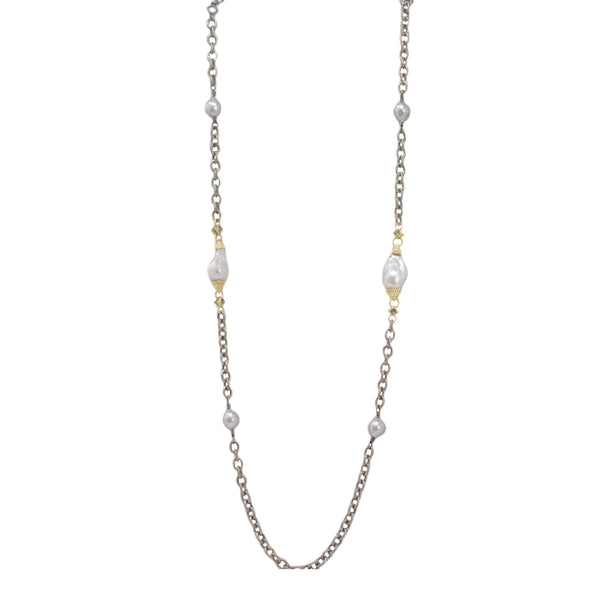 Pearl Stations on Chain Link Necklace