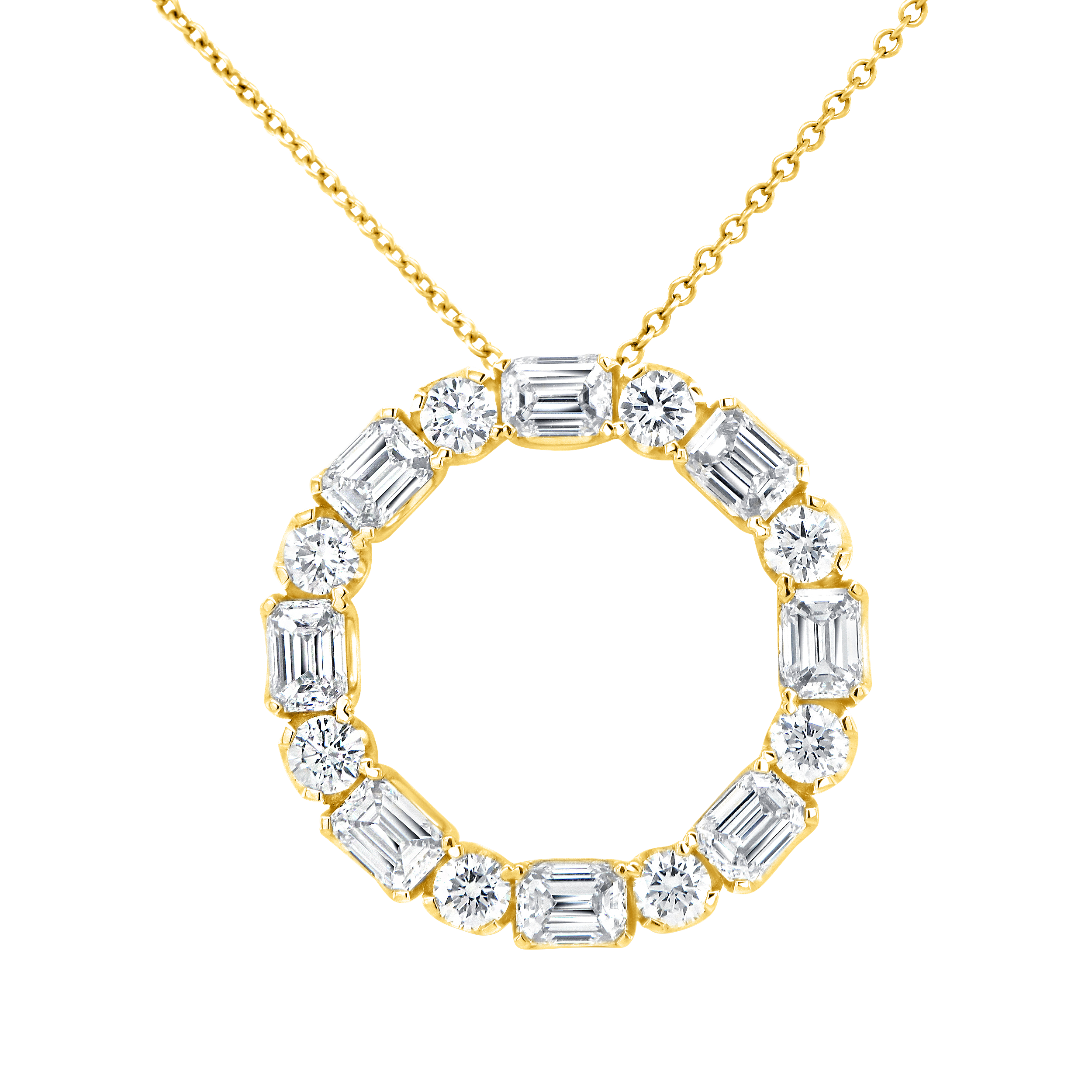 Front view of 18K yellow gold medallion diamond pendant showcasing alternating emerald-cut and round diamonds on a fine yellow gold chain with white background