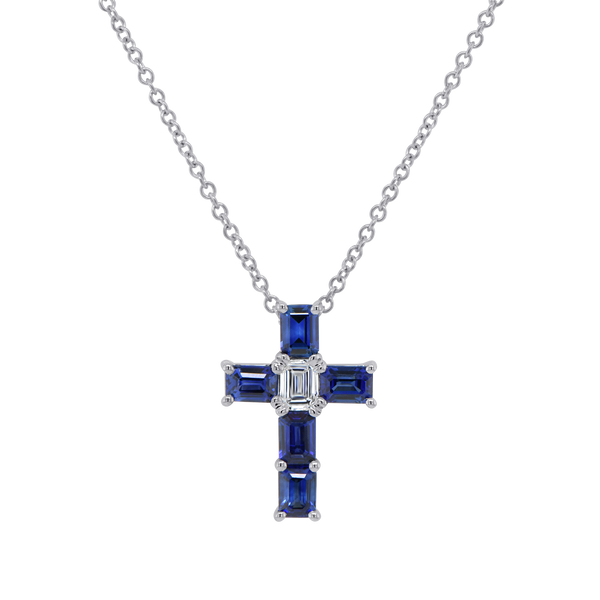 Diamond and Blue Sapphire Cross Brooch Pendant