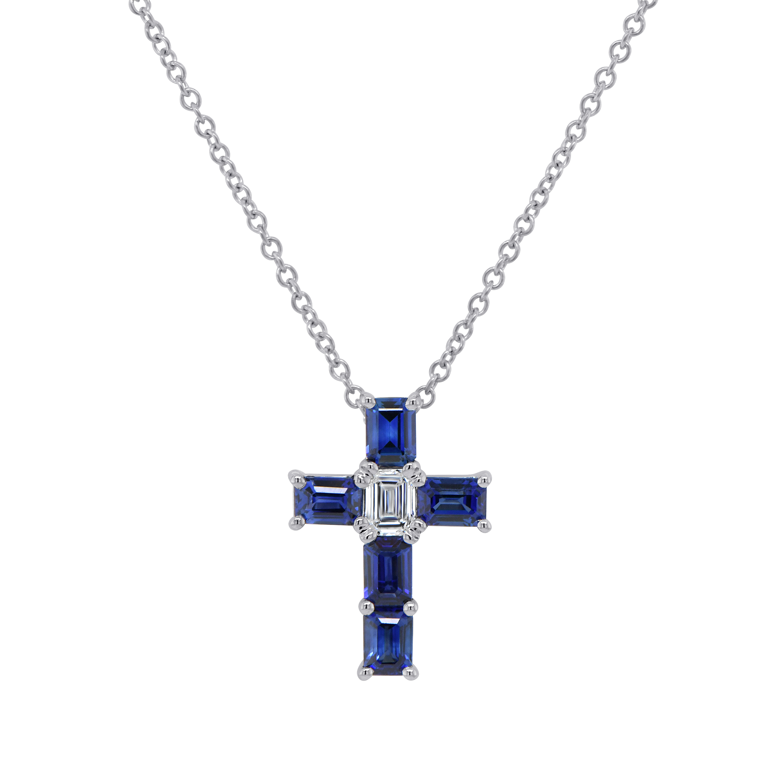 Diamond and Blue Sapphire Cross Brooch Pendant