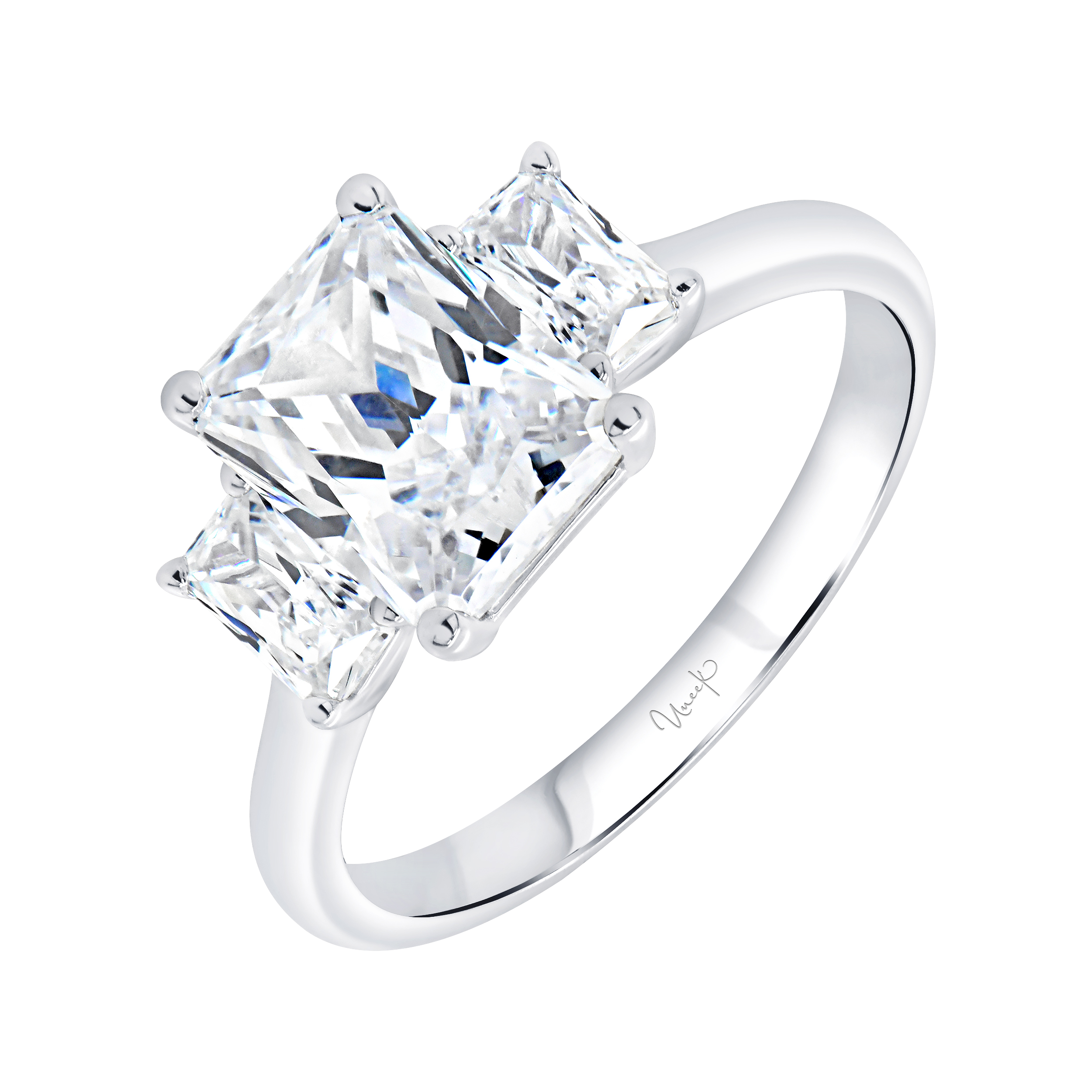 Emerald-cut center diamond flanked by two side diamonds in a polished platinum engagement ring, 0.60 ctw