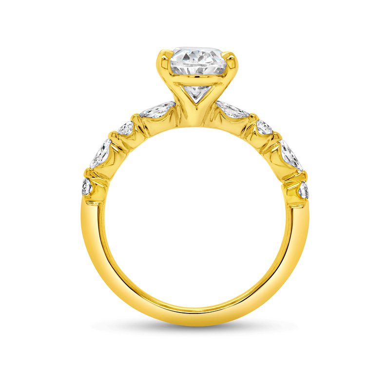 Profile of 18K yellow gold 0.38ct engagement ring with prong-set center diamond and round diamonds on band, white background