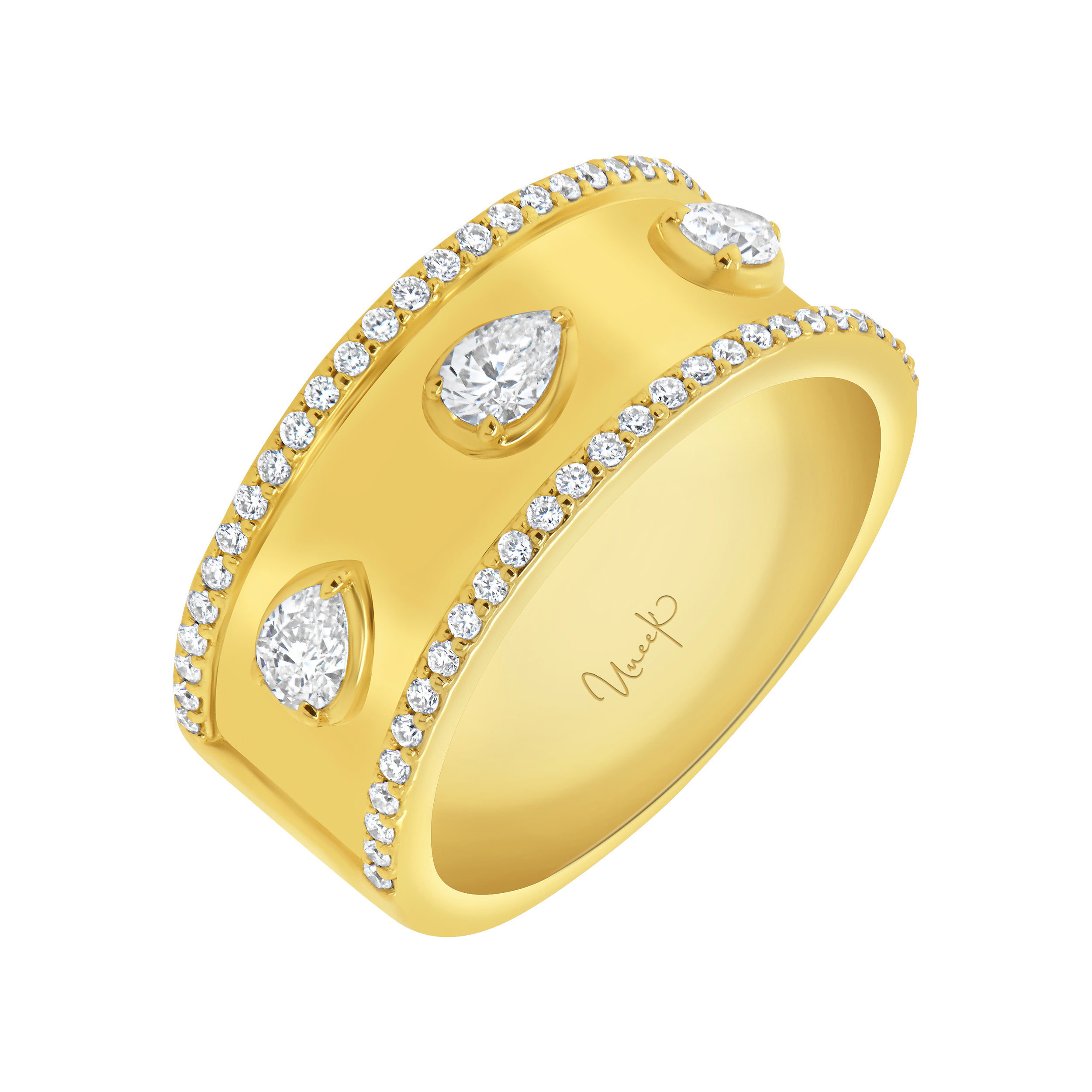 Yellow gold band with three pear-shaped diamonds and pavé diamond edges, engraved 'Vaneck' inside