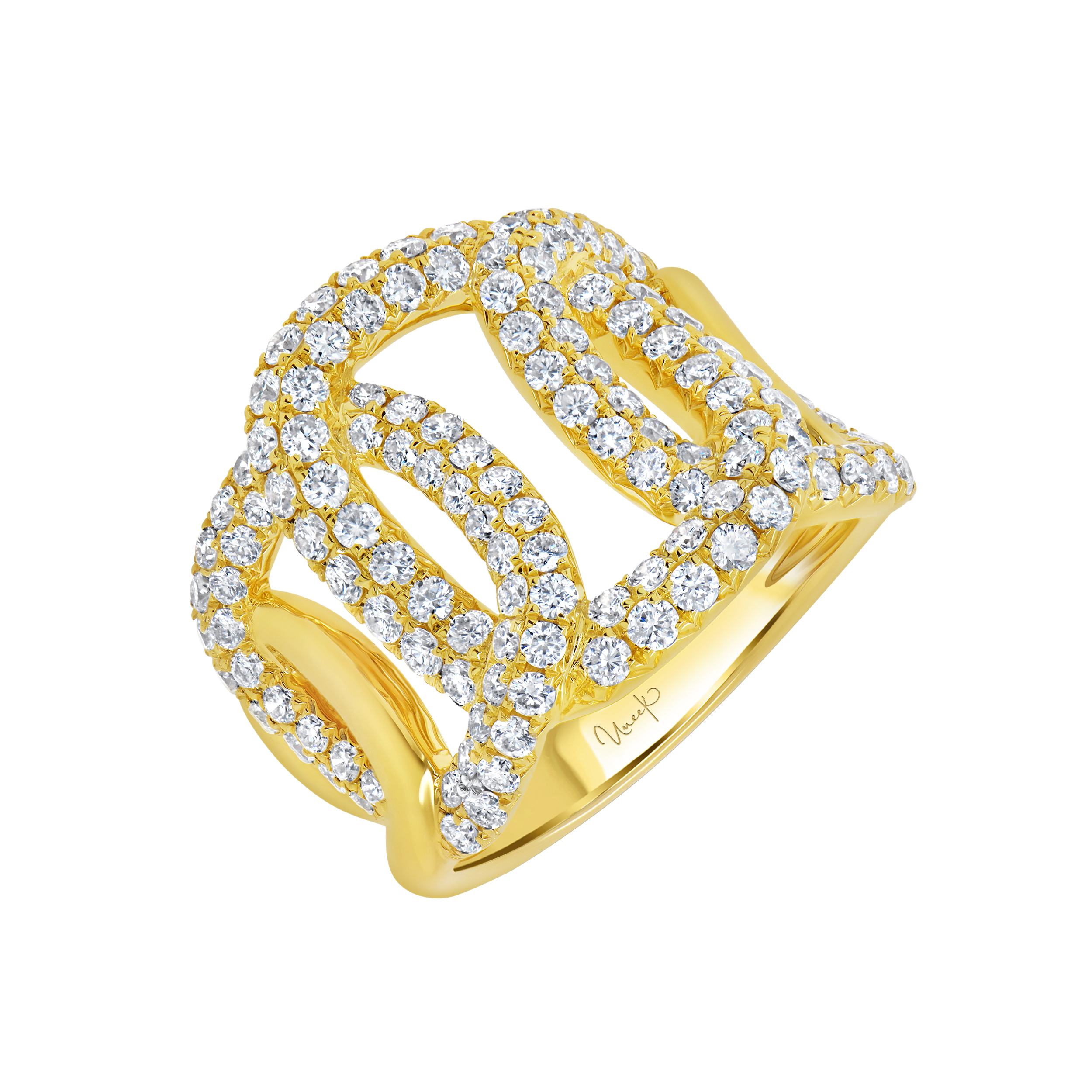 Angled view of 1.80ctw diamond fashion ring showcasing triple-row pave diamonds in 18K yellow gold on white