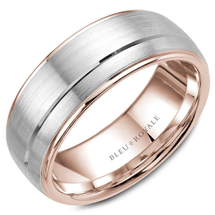 8.5mm 14K rose gold wedding band with a white gold brushed center and line detailing.
