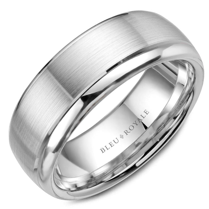 7.5mm 14K white gold with a brushed finish, line detailing and polished edges.
